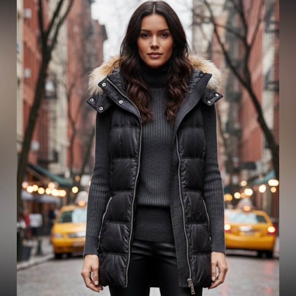 Andrew Marc Quilted Black Claire Vest with Fox Fur Vest- size small